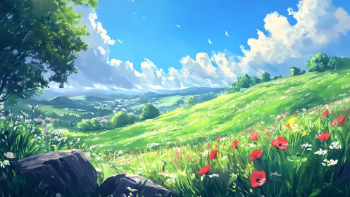 Sunlit wildflower hillside opening to a peaceful valley view.