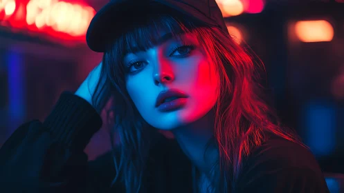 Portrait of young woman in neon blue and red lighting.