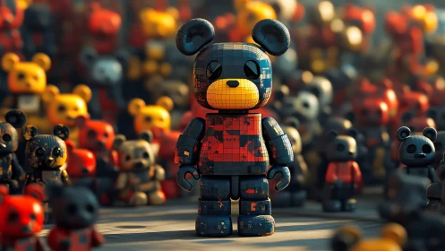 3D toy bear character with gridded panels in crowded field.