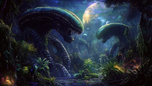Bio‑mechanical colossi in luminescent exoplanet junglescape.