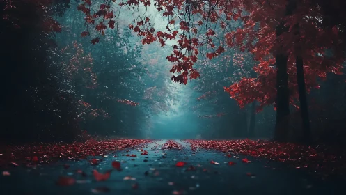 Autumn Forest Path with Red Leaves and Turquoise Light.