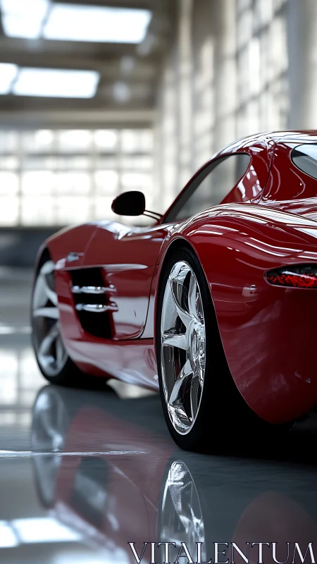 High-gloss red supercar in reflective architectural studio.
