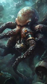 Submerged cephalopod with mechanical apparatus and debris.