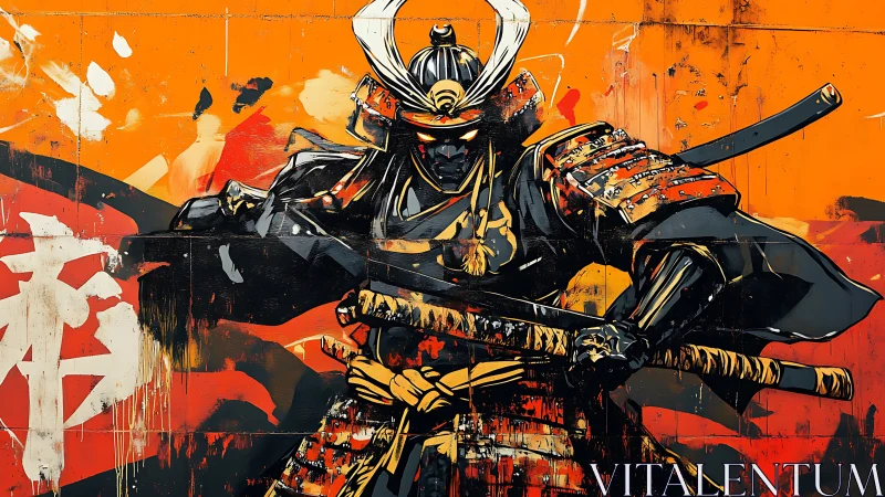Graffiti-rendered armored samurai in dynamic chromatic combat stance.