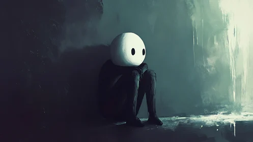 Quiet moon-faced loner curls into shadows of teal solitude.