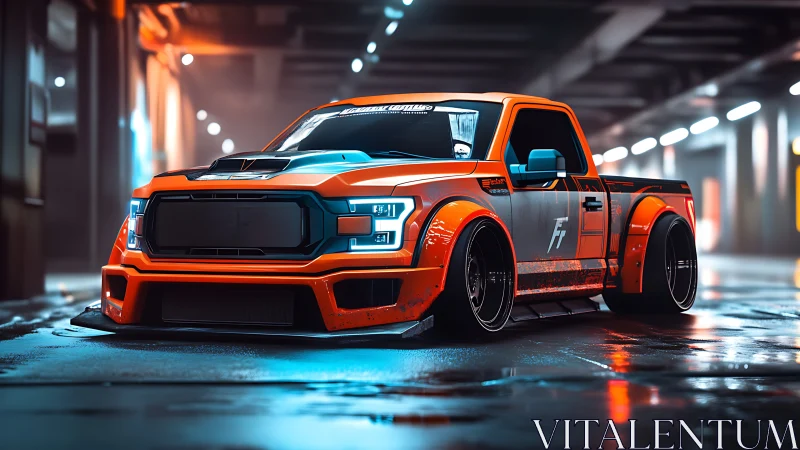 Lowered orange tuner truck glows in a neon urban garage