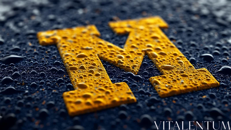 Golden letter M drenched in cinematic raindrop shimmer.