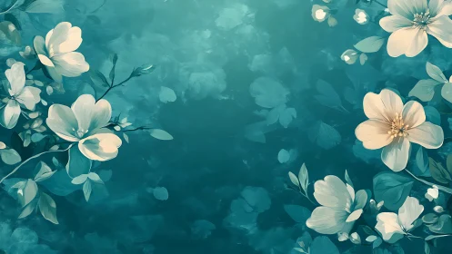 Digital floral composition with layered white petals and teal atmospheric depth rendering