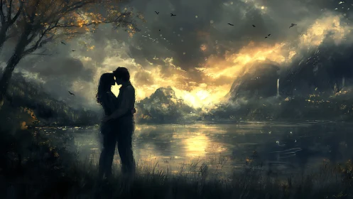 Silhouetted Couple Embracing at Twilight Over Reflective Water
