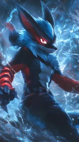 Anthropomorphic wolf-like figure in blue energy field.