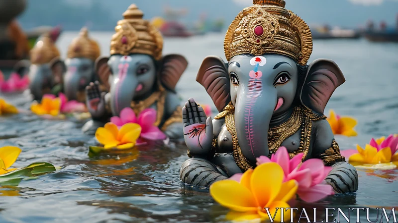 Ganesh idols drifting on water amid vivid lotus blossoms.