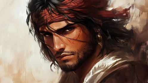 Cinematic digital portrait of scarred bandana warrior sailor.