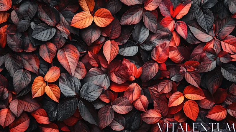 Autumnal foliage pattern with red and dark overlapping leaves.