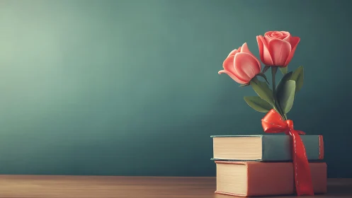 Coral Roses with Red Ribbon on Stacked Books.