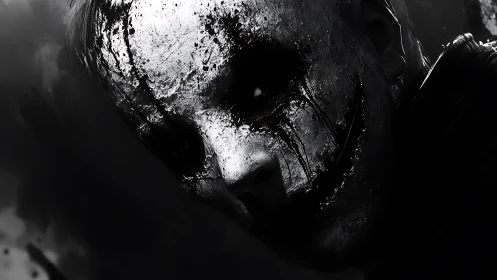 Shadowed smile: cracked monochrome face in the dark.