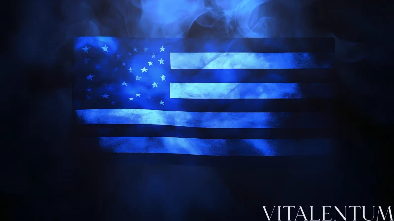 Midnight blue flag drifts through smoke and quiet light