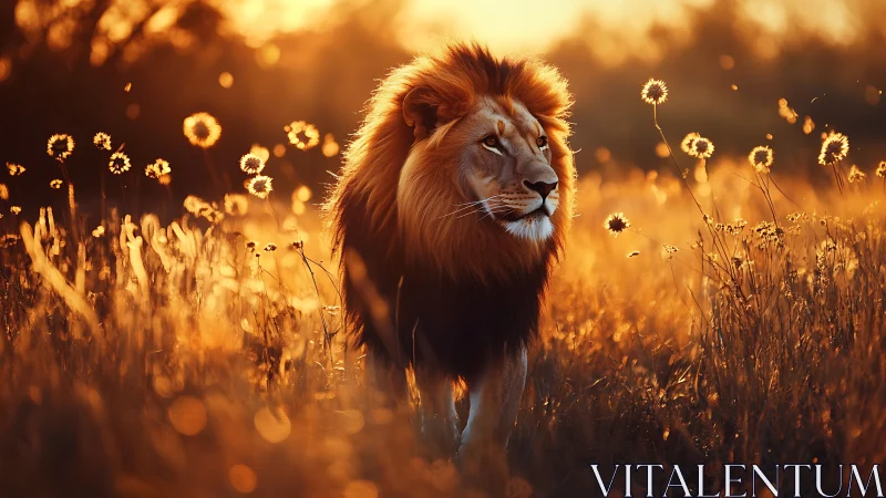 Male lion walking through golden backlit grassland field.