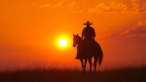 Cowboy silhouette on horseback against vivid prairie sunset.