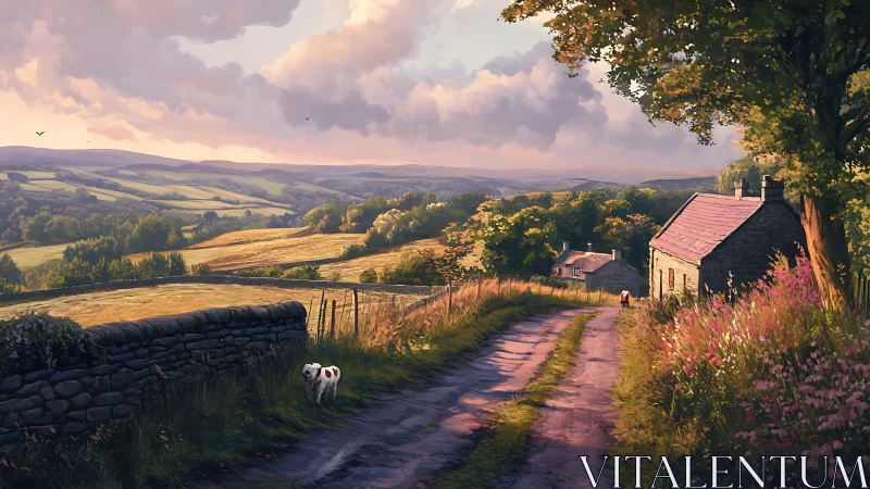 Raking sunset light defines rural lane, stone walls and cottages