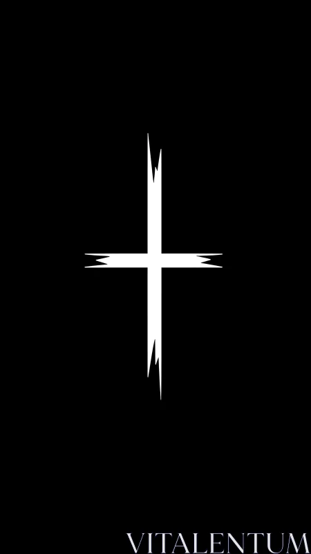 Minimalist fractured white cross on deep black field.