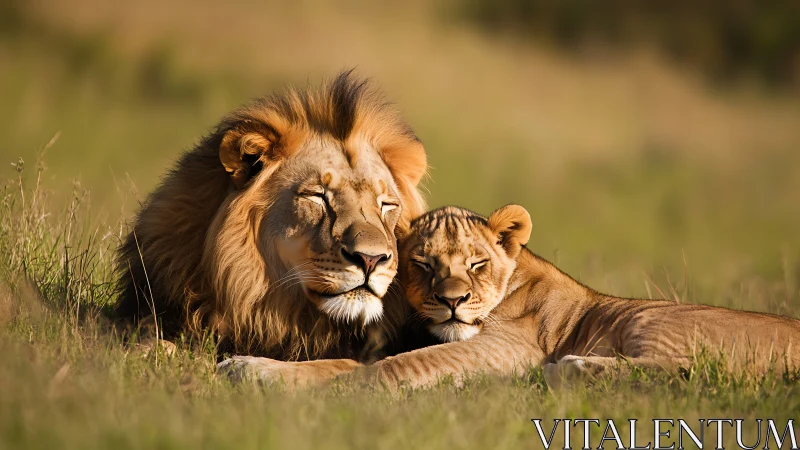Male Lion Rests Beside Young Cub in Golden Grassland.