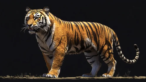 Majestic tiger strides forward against deep shadowed backdrop.