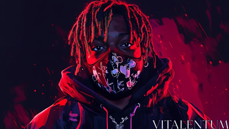 Masked urban portrait glows in neon red and violet light