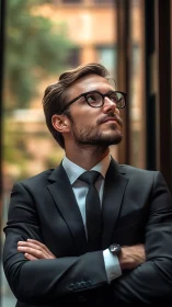 Confident young professional gazes upward in a tailored suit