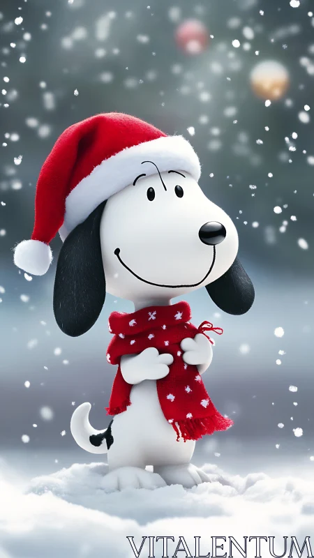 Festive cartoon beagle in snow with Santa hat and scarf.