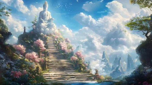 Stone statue on lotus above terraced path in clouded valley.