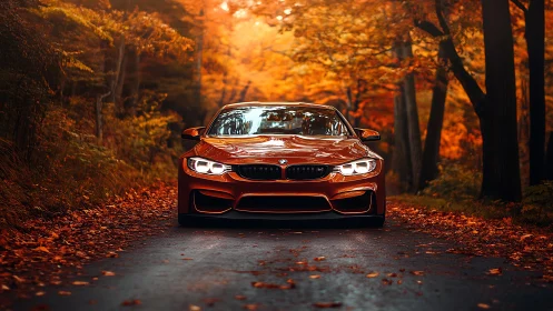 Orange sports coupe is parked on a narrow forest road