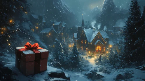 Snowy village chapel glows against mountains as gift box anchors foreground
