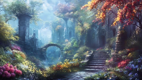 Sunlit garden ruins inviting you up a dreamy forest path.