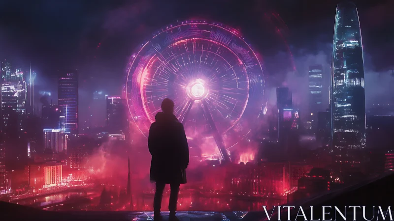 Silhouetted watcher confronts glowing cybernetic city portal.