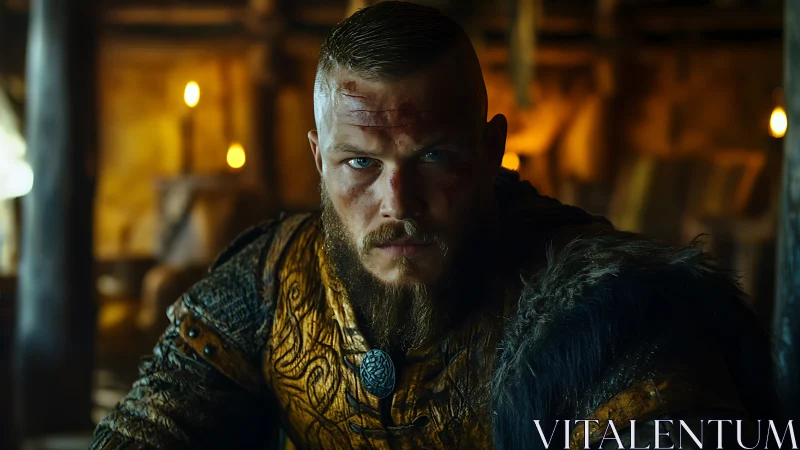 Cinematic viking warrior portrait under warm interior torchlight