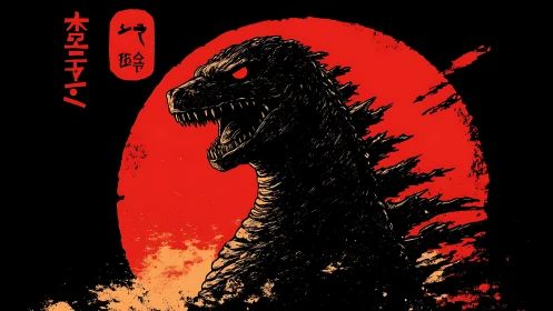 Monochrome kaiju silhouette against distressed red sun disc
