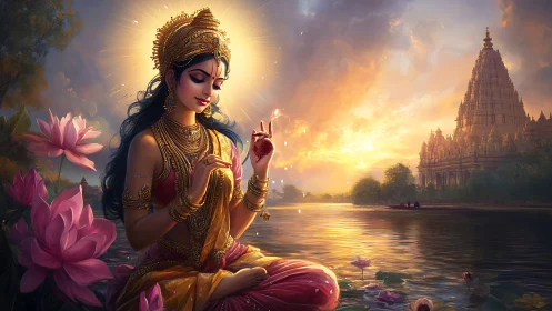 Lotus-crowned river goddess in sunset-lit temple serenity.