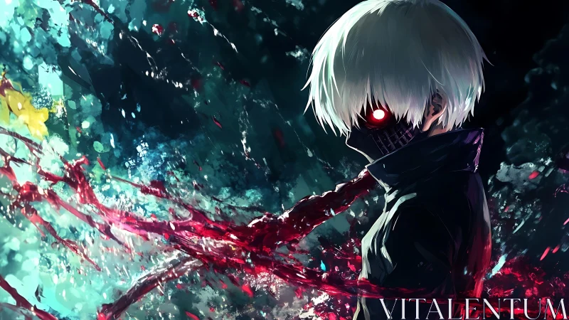 White haired masked ghoul amid erupting crimson energy.