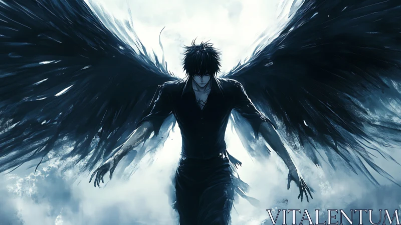 Dark winged angel descends through fractured white light.