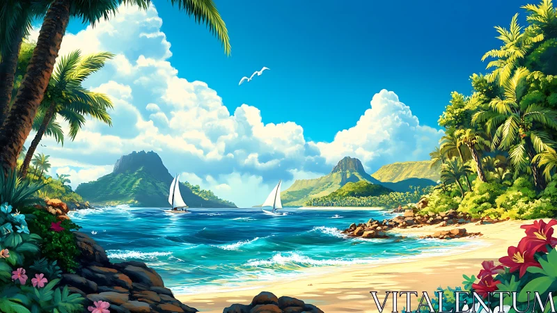 Tropical Paradise Bay with Sailboats and Mountain Peaks.
