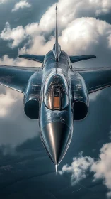 Sleek silver jet slicing calmly through soft clouds above.