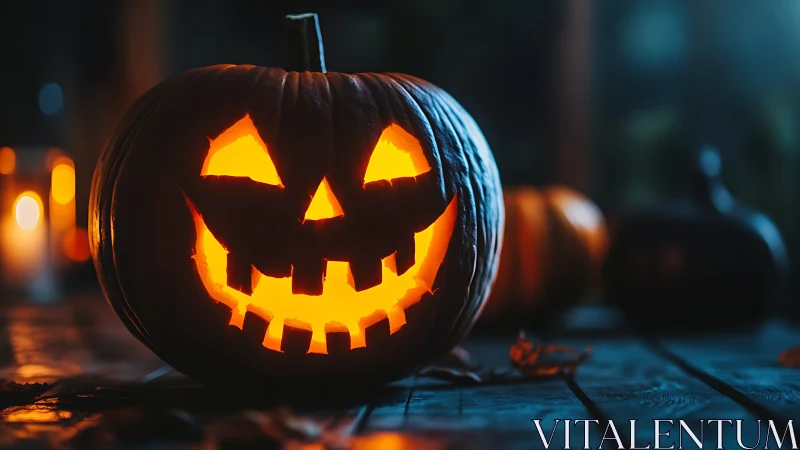 Glowing jack o’ lantern on rustic Halloween porch at night.