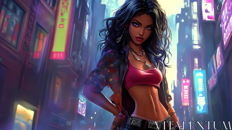 Neon-lit cyberpunk woman in vivid night city streetscape.