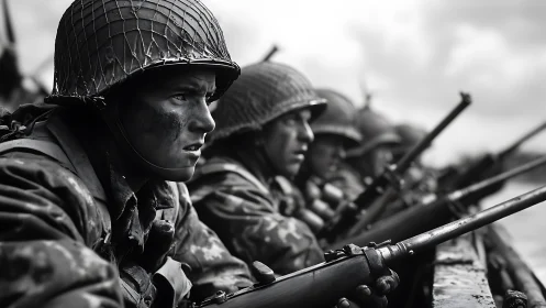 Wartime infantry poised in landing craft, tense monochrome study.