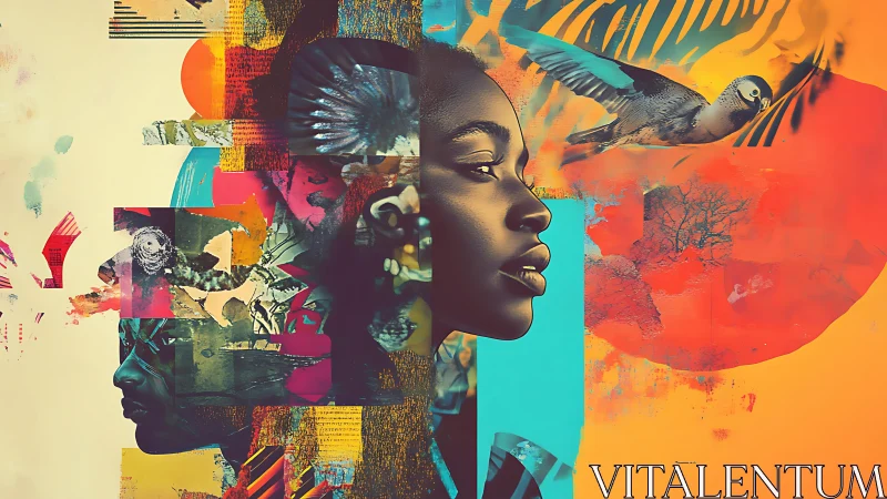 Digital collage aligns dual female profiles with fragmented color fields