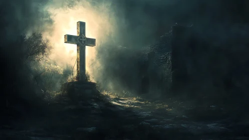 Luminous stone cross rises from mist before ruined chapel.