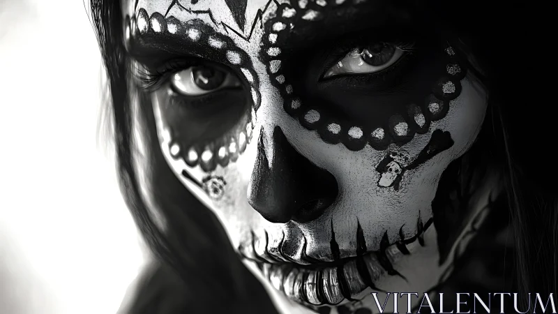 Gaze of the midnight sugar skull spirit in monochrome.