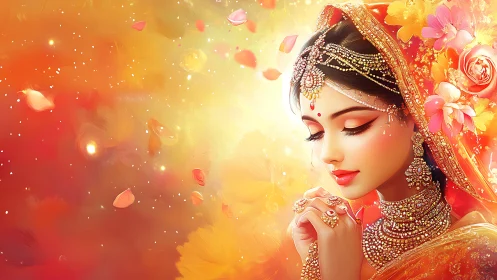 Bridal portrait in ornate jewelry against glowing petals.