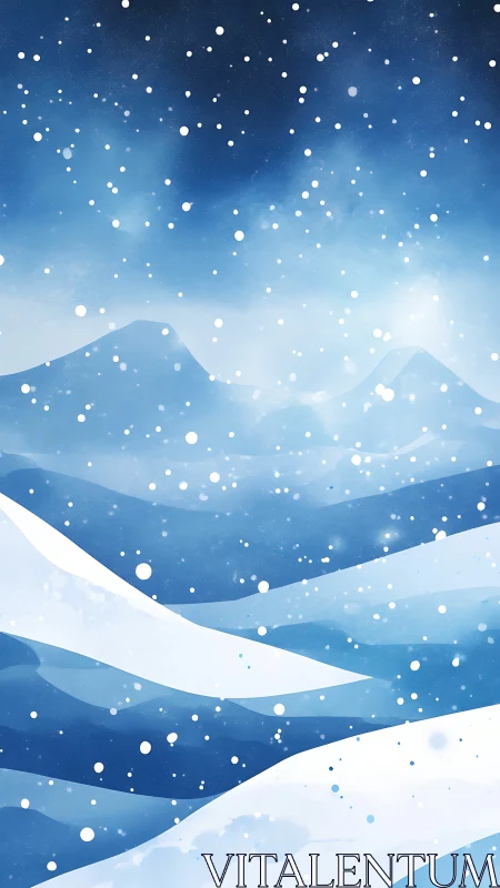 Layered winter landscape shows stylized snowfall and soft gradients