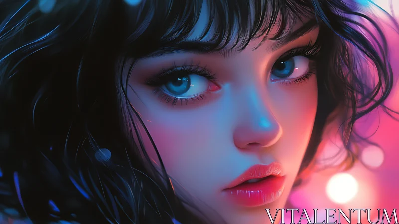 Neon-lit portrait showcases luminous eyes and glossy lips.